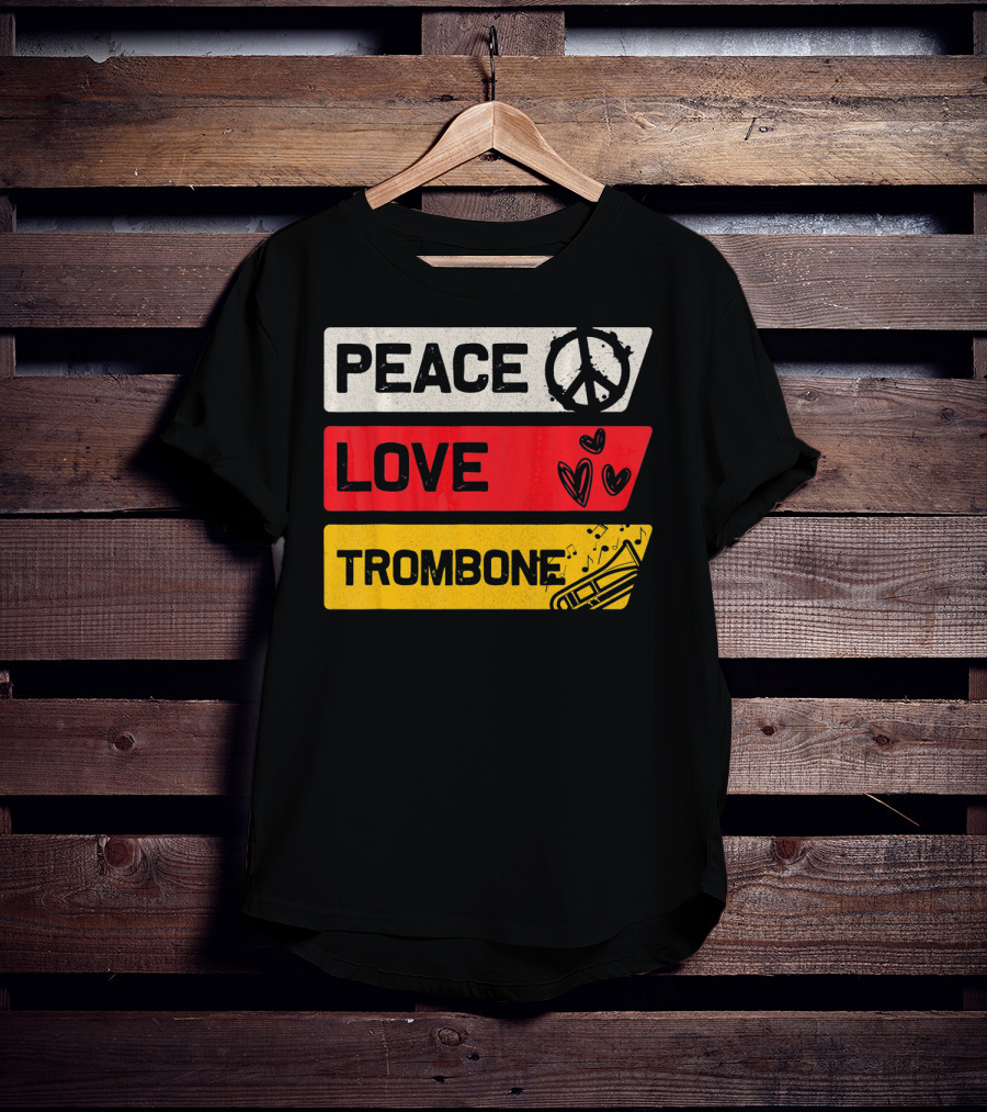Peace Sign Love Heart Trombone Music Symbols T-Shirt