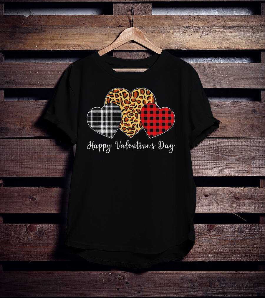 Happy Valentine's Day Three Hearts Leopard Buffalo Plaid T-Shirt