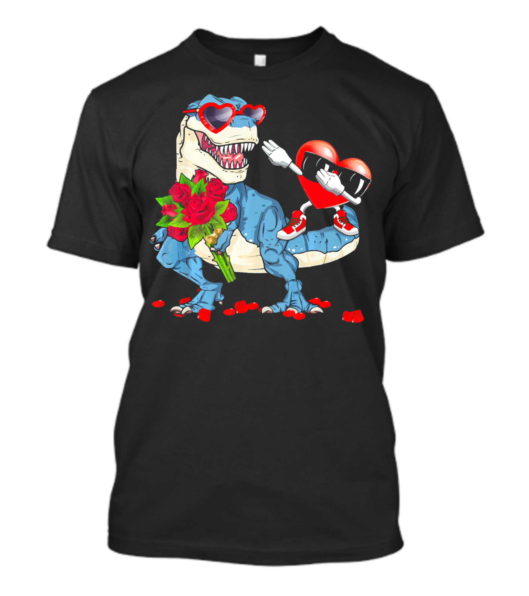T Rex Dinosaur Heart Sunglasses Rose Bouquet Valentine Dabbing T-Shirt