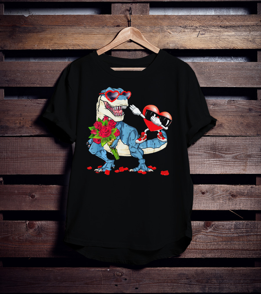 T Rex Dinosaur Heart Sunglasses Rose Bouquet Valentine Dabbing T-Shirt