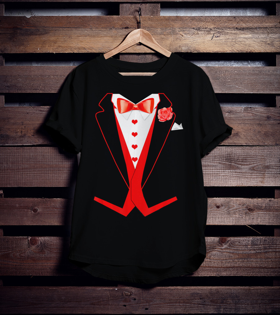 Tuxedo Red Hearts Cool Funny Valentines Bow Tie Rose T-Shirt