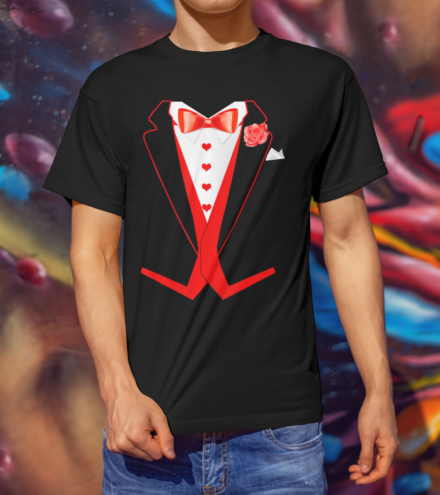 Tuxedo Red Hearts Cool Funny Valentines Bow Tie Rose T-Shirt