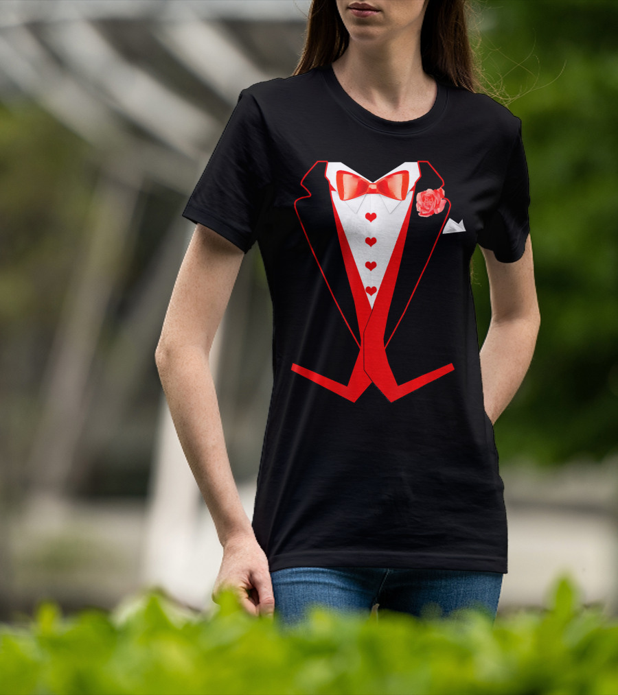 Tuxedo Red Hearts Cool Funny Valentines Bow Tie Rose T-Shirt