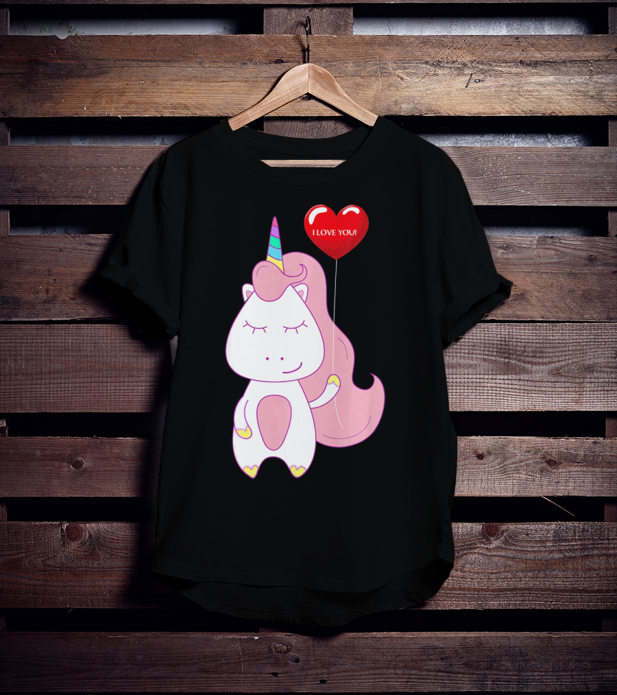 Unicorn Holding Heart Balloon With I Love You Message Valentine T-Shirt
