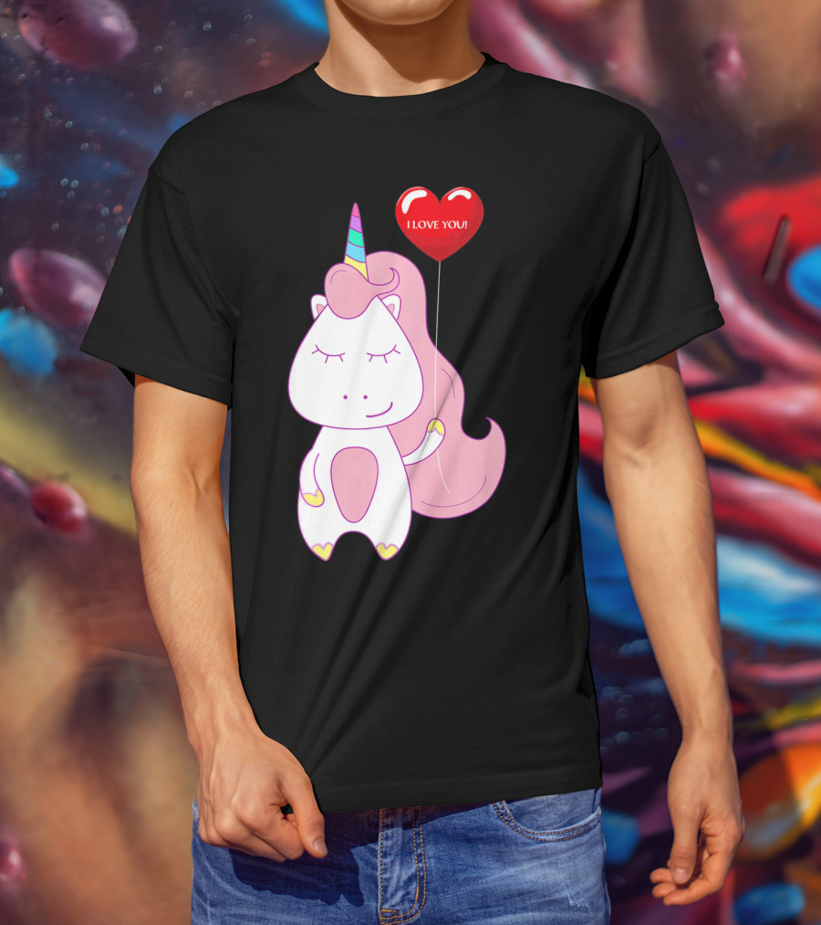 Unicorn Holding Heart Balloon With I Love You Message Valentine T-Shirt