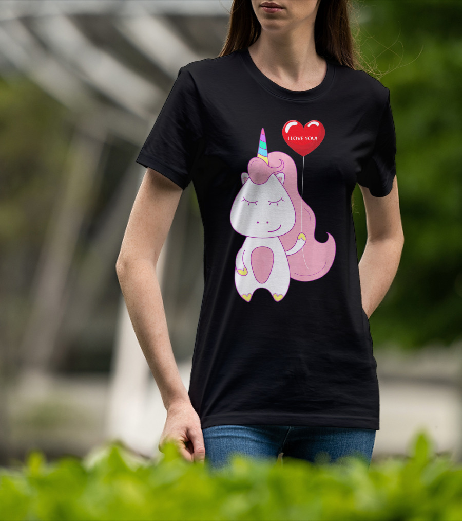 Unicorn Holding Heart Balloon With I Love You Message Valentine T-Shirt