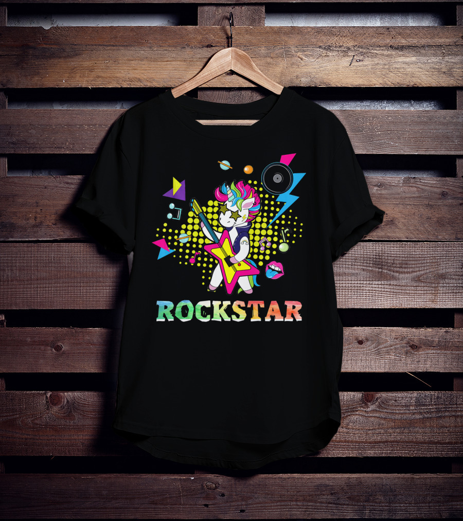Unicorn Rock Star With Guitar Colorful Music Elements And Neon Symbols T-Shirt