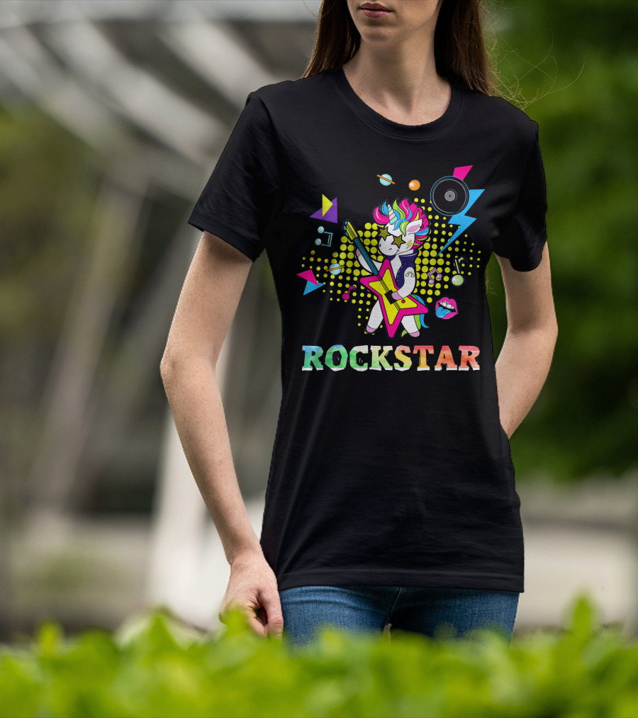 Unicorn Rock Star With Guitar Colorful Music Elements And Neon Symbols T-Shirt