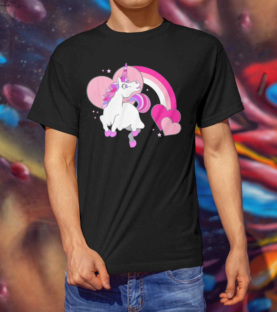 Unicorn Valentines Day Heart Rainbow Pink Stars T-Shirt