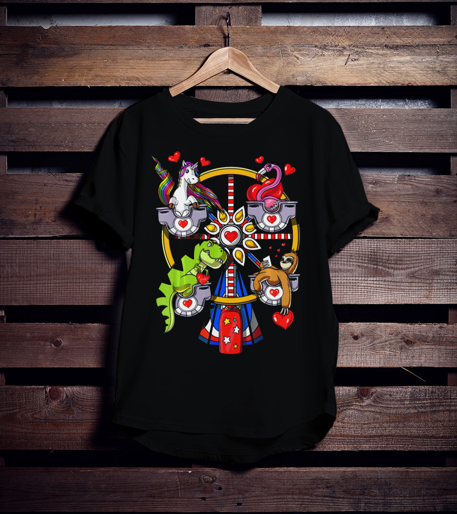 Unicorn Rex Dinosaur Sloth Flamingo Ferris Wheel Love Hearts T-Shirt