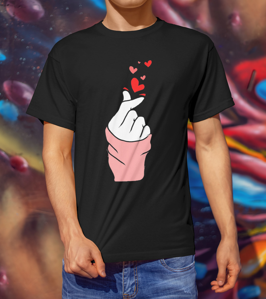 Korean Finger Heart Gesture With Floating Hearts For Valentine's Day T-Shirt