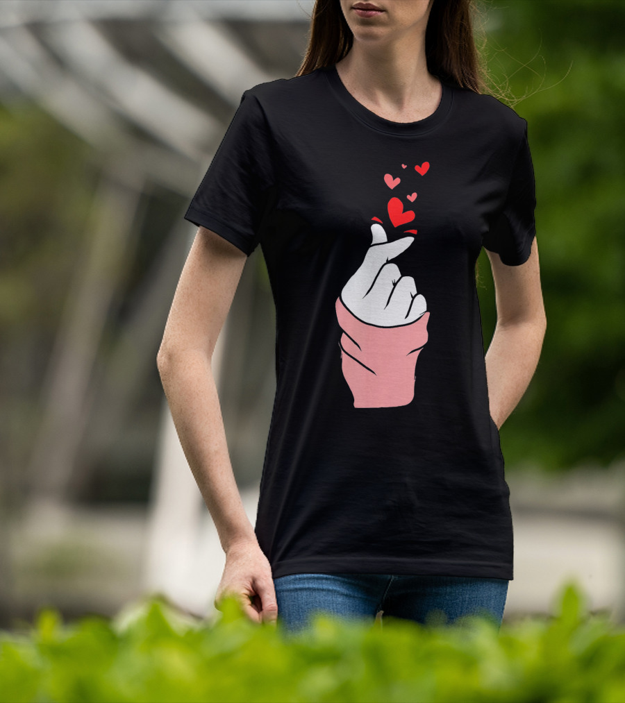 Korean Finger Heart Gesture With Floating Hearts For Valentine's Day T-Shirt