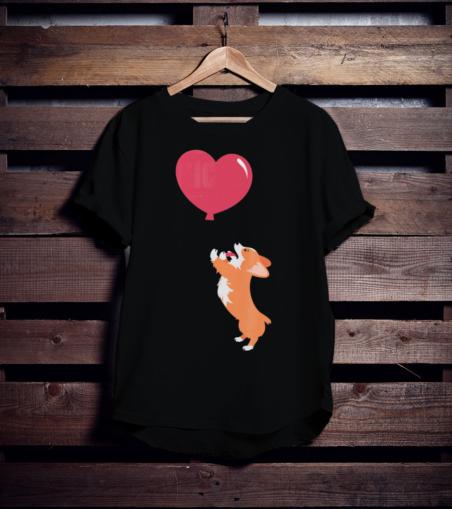Little Corgi Puppy Dog Reaching For Red Heart Balloon T-Shirt