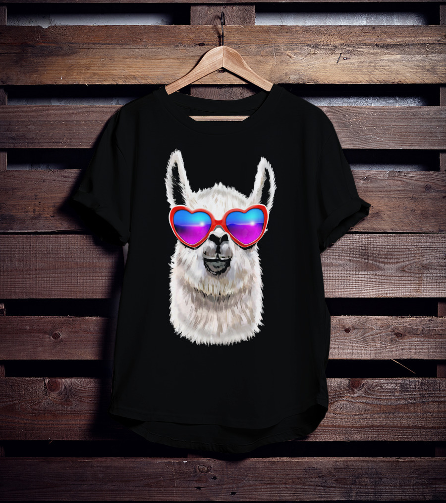Llama Valentine's Day Heart Sunglasses Fashion T-Shirt