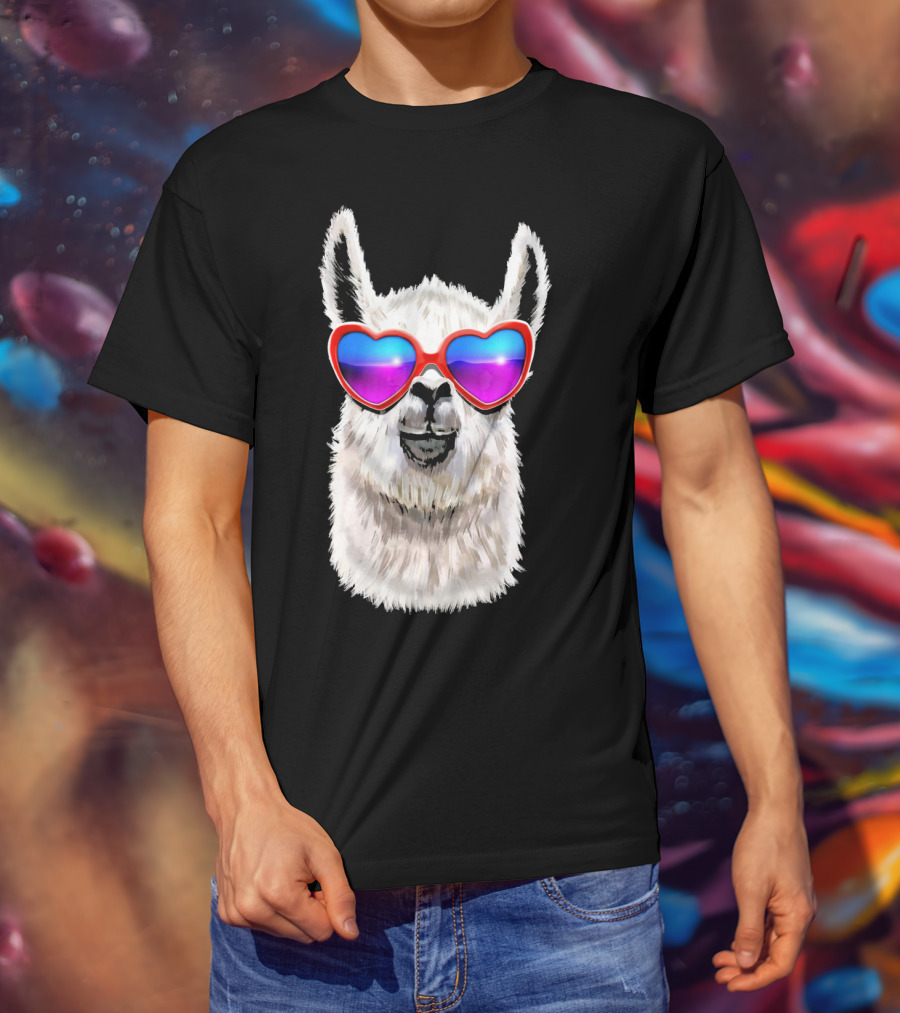 Llama Valentine's Day Heart Sunglasses Fashion T-Shirt