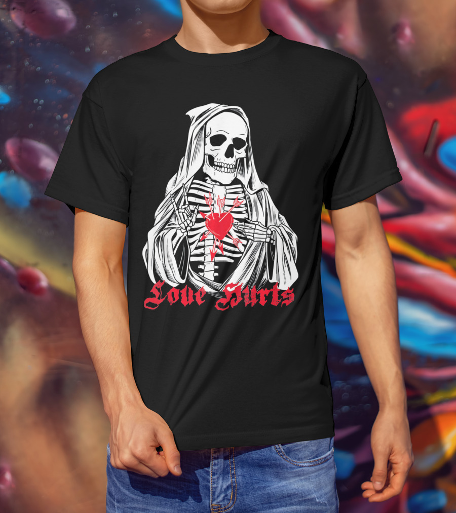Love Hurts Grim Reaper Skull Heart Arrows Death T-Shirt