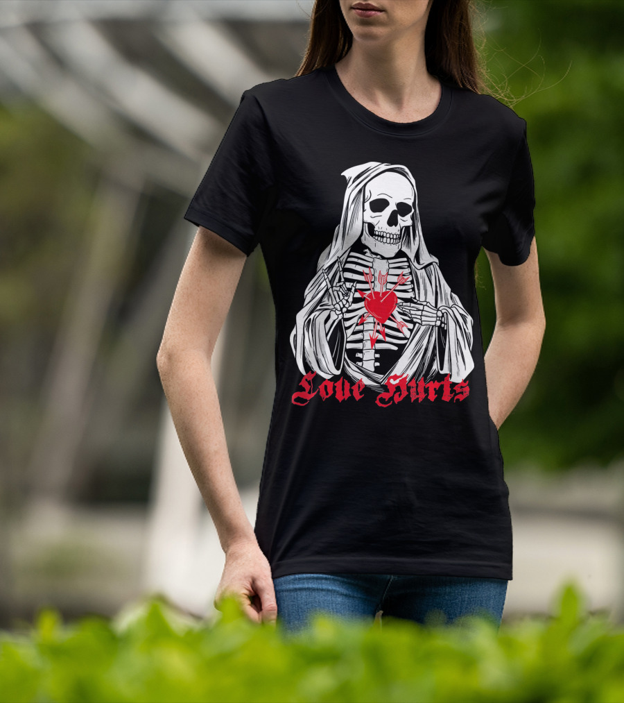Love Hurts Grim Reaper Skull Heart Arrows Death T-Shirt