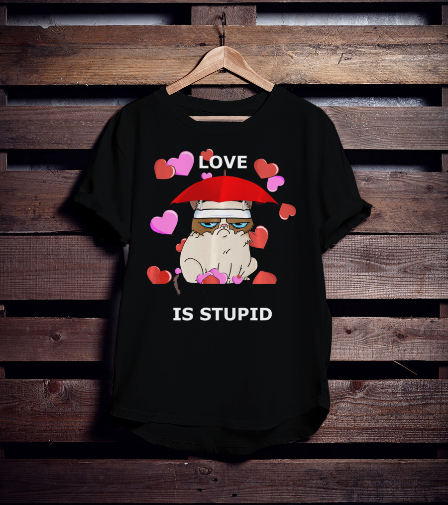 Love Is Stupid Valentines Cat With Hearts And Red Umbrella T-Shirt