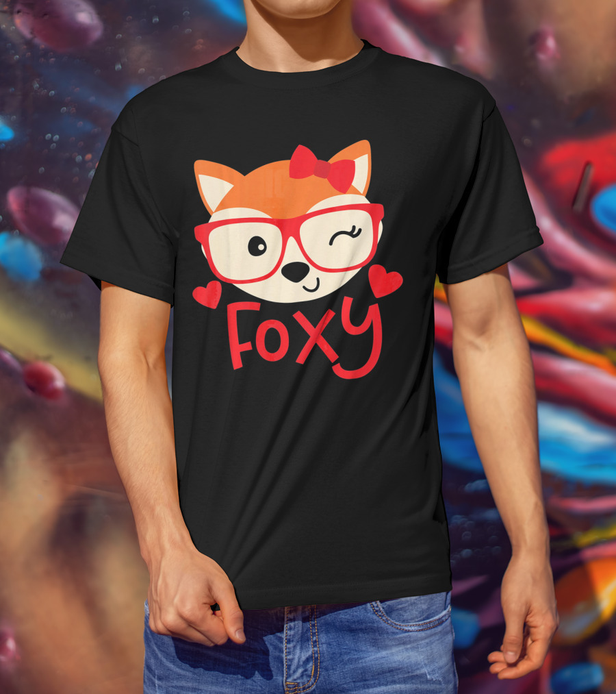 Foxy Cute Winking Fox With Glasses And Bow Valentine Hearts T-Shirt