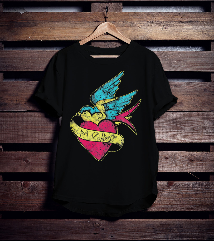 Mom Heart With Blue Bird Vintage Tattoo Valentines T-Shirt