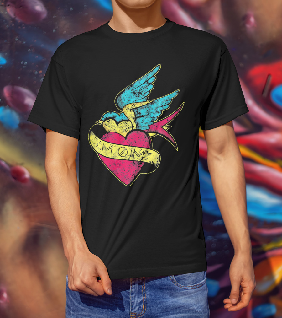 Mom Heart With Blue Bird Vintage Tattoo Valentines T-Shirt