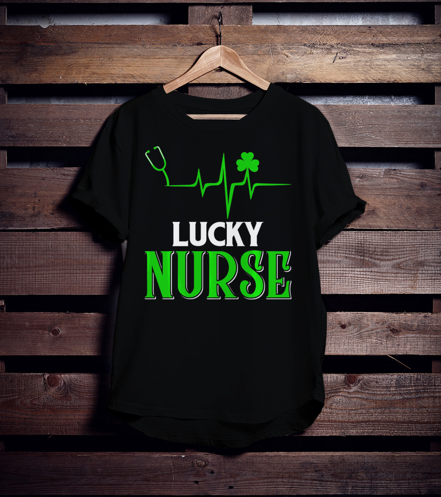 LUCKY NURSE Stethoscope Shamrock Heartbeat T-Shirt