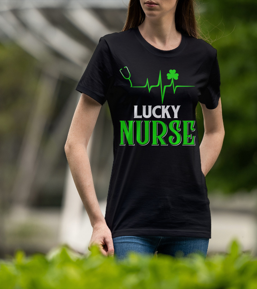LUCKY NURSE Stethoscope Shamrock Heartbeat T-Shirt