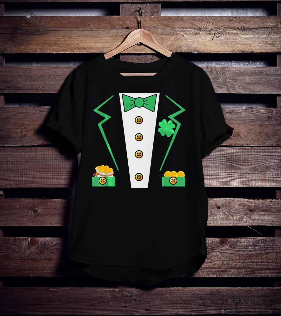 St. Patrick's Day Leprechaun Tuxedo With Shamrock And Coin Boxes T-Shirt