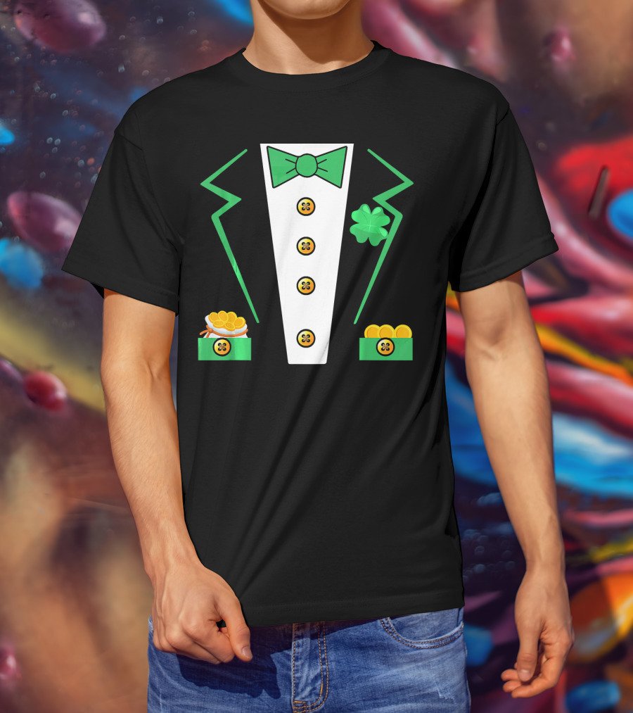 St. Patrick's Day Leprechaun Tuxedo With Shamrock And Coin Boxes T-Shirt