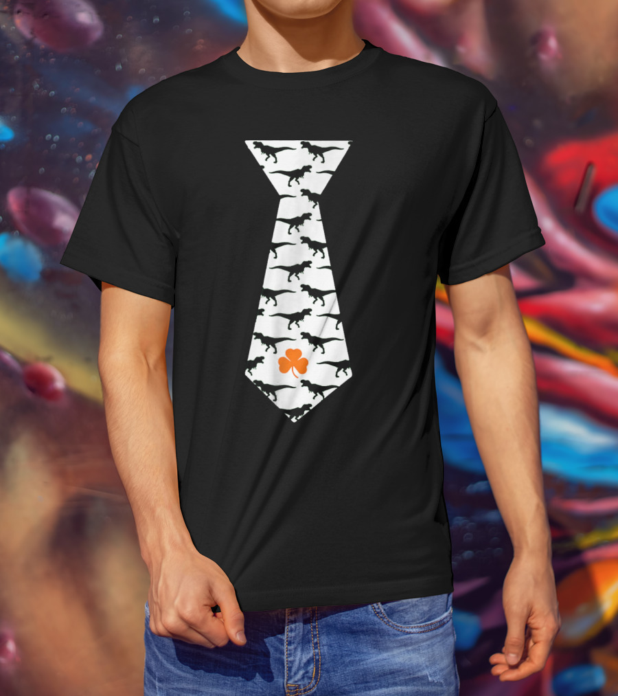 Cool St Patricks Day Dinosaur Tie Clover T-Shirt