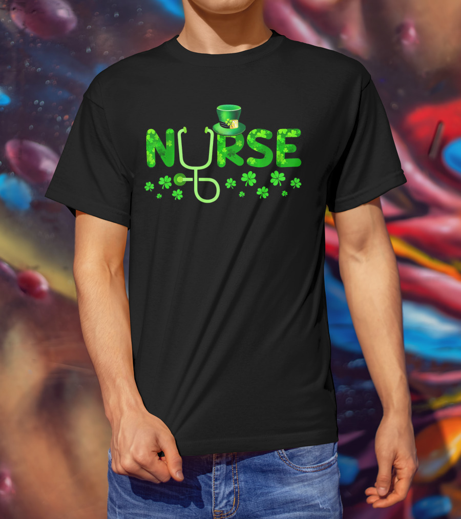 Nurse Shamrock Leprechaun Hat Stethoscope Clover T-Shirt