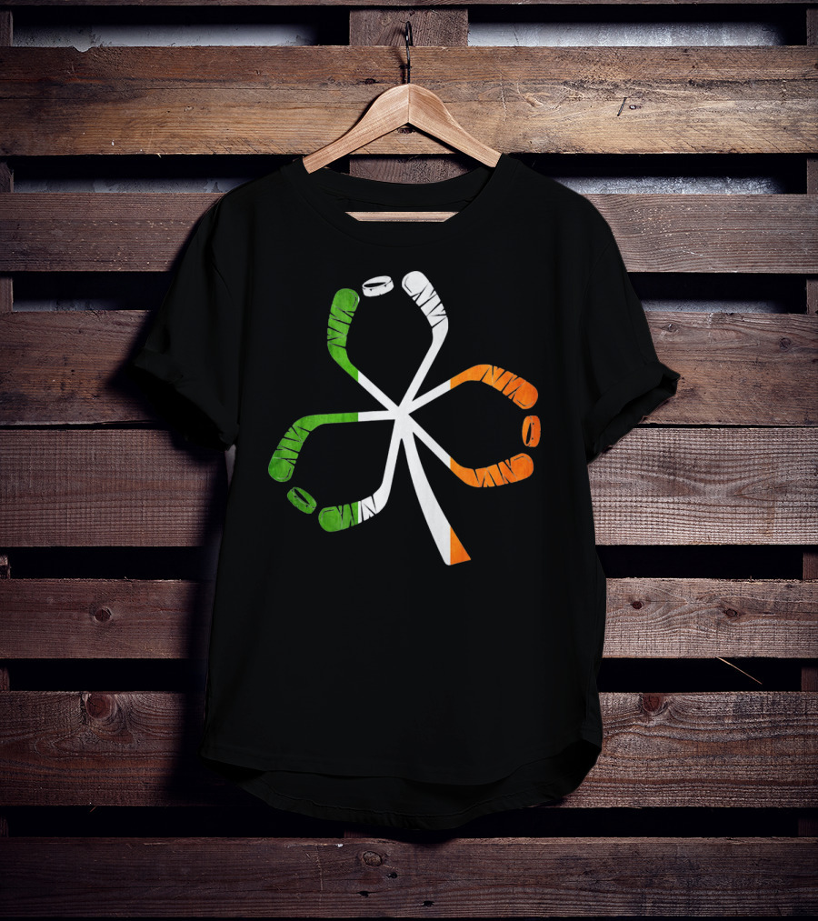 Ice Hockey Shamrock Green White Orange Sticks T-Shirt