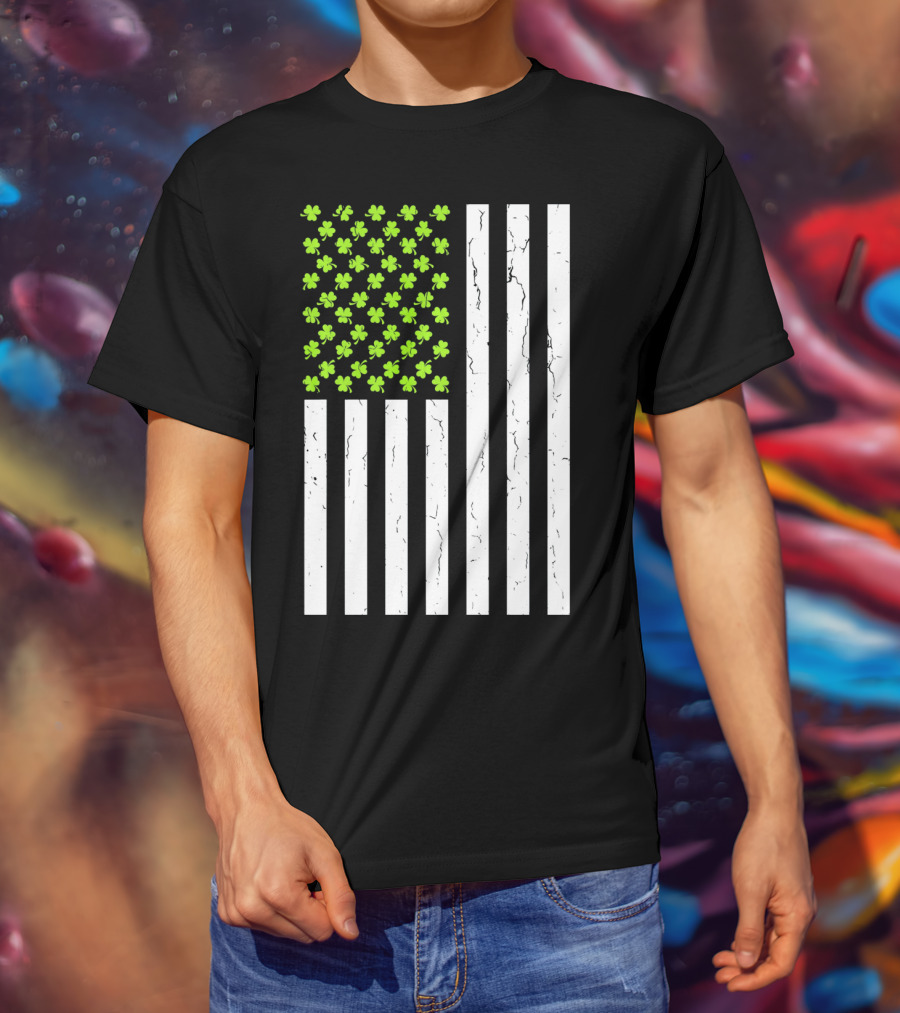 St Patricksday Shamrock American Flag T-Shirt