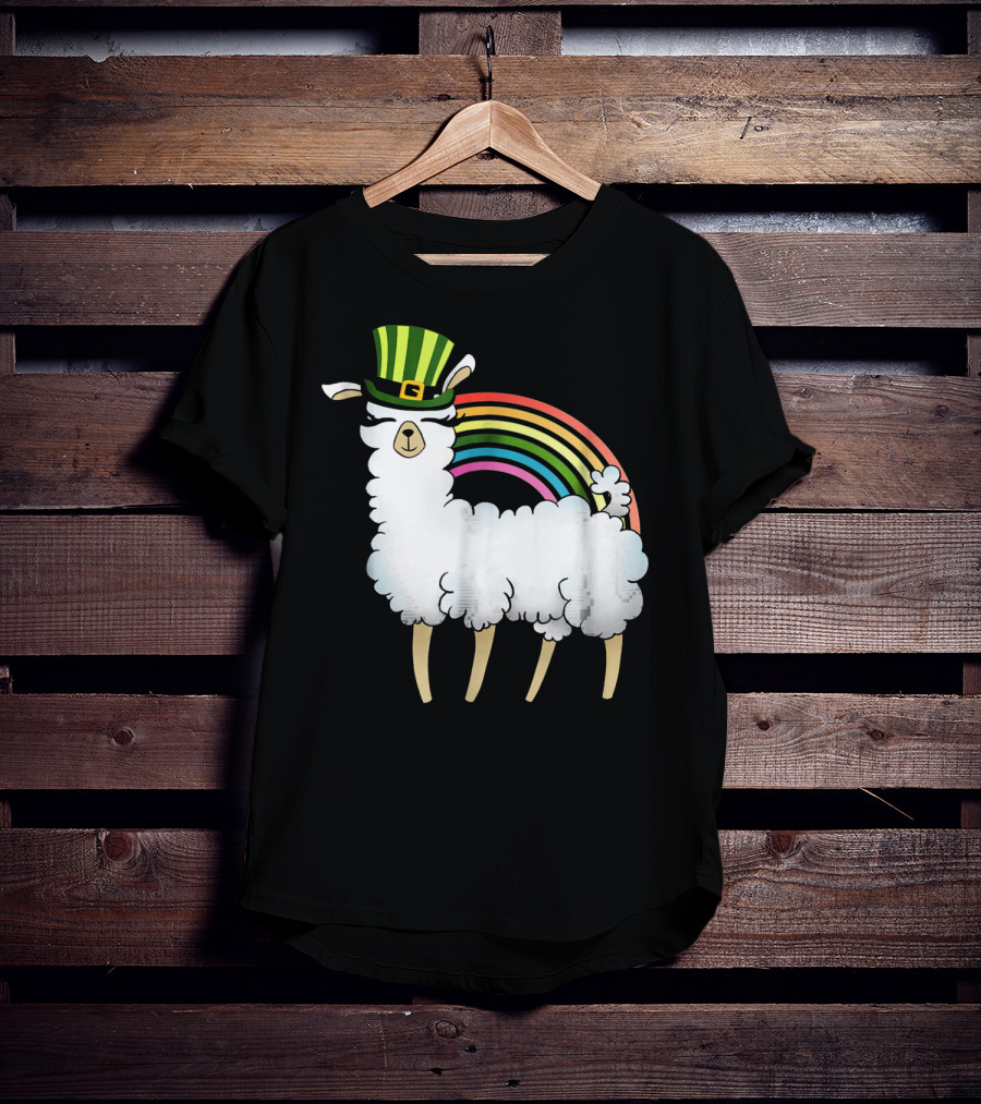 Llama In St Patrick's Day Hat With Rainbow T-Shirt