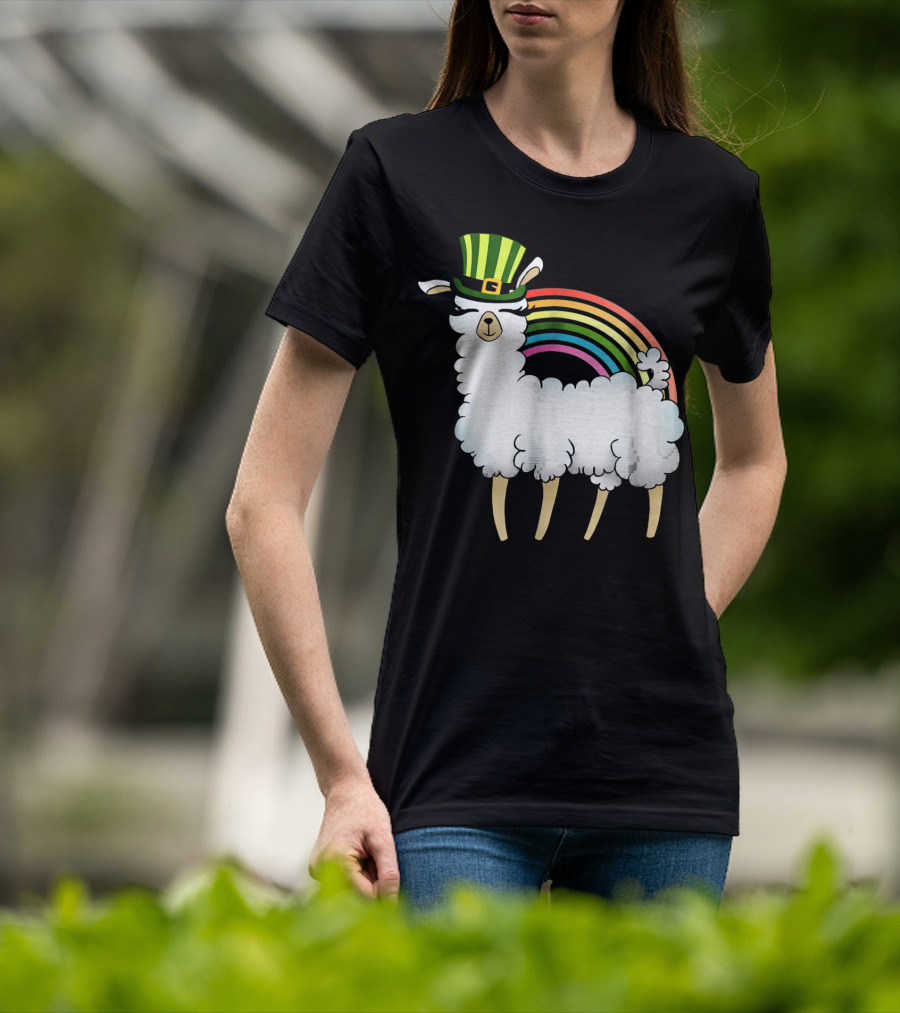 Llama In St Patrick's Day Hat With Rainbow T-Shirt