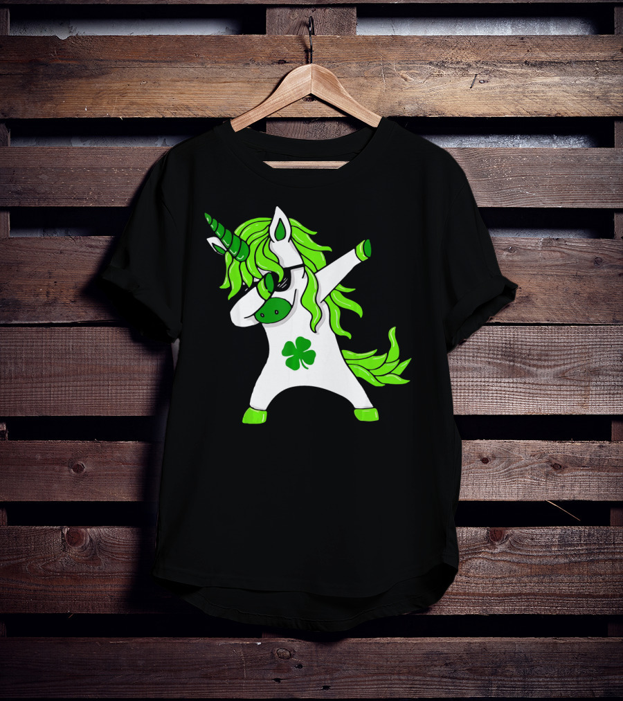 Mens Womens Dabbing Unicorn With Green Shamrock And Hair T-Shirt