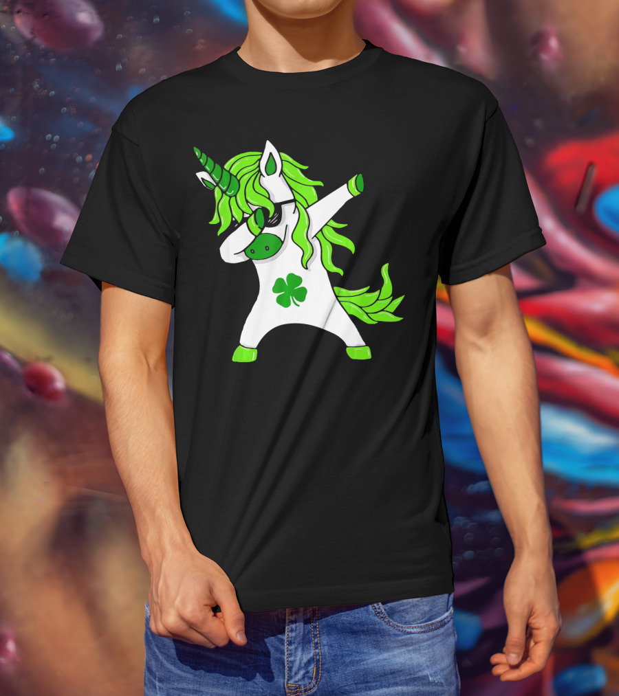 Mens Womens Dabbing Unicorn With Green Shamrock And Hair T-Shirt
