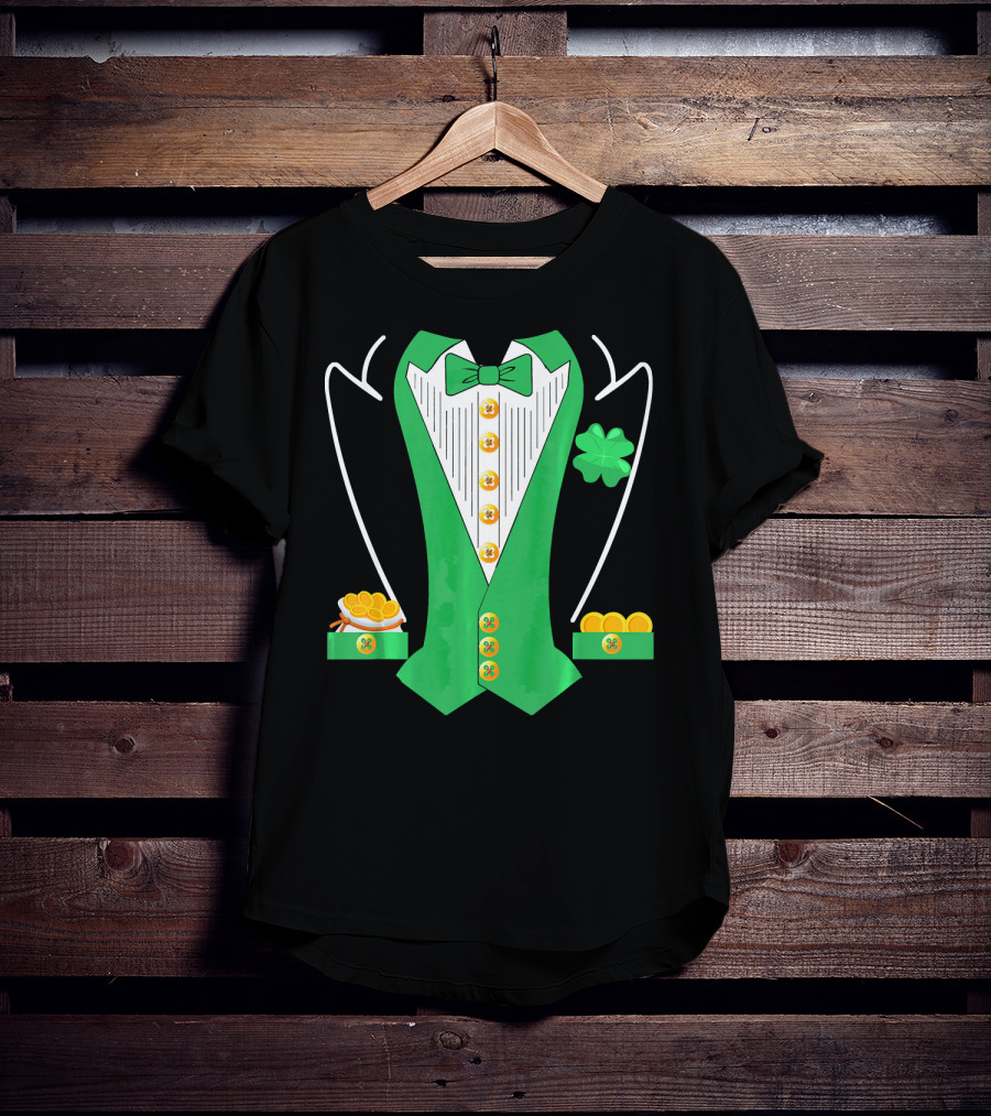Leprechaun Costume Girl Green Suit Bow Tie Clover Gold Coins T-Shirt