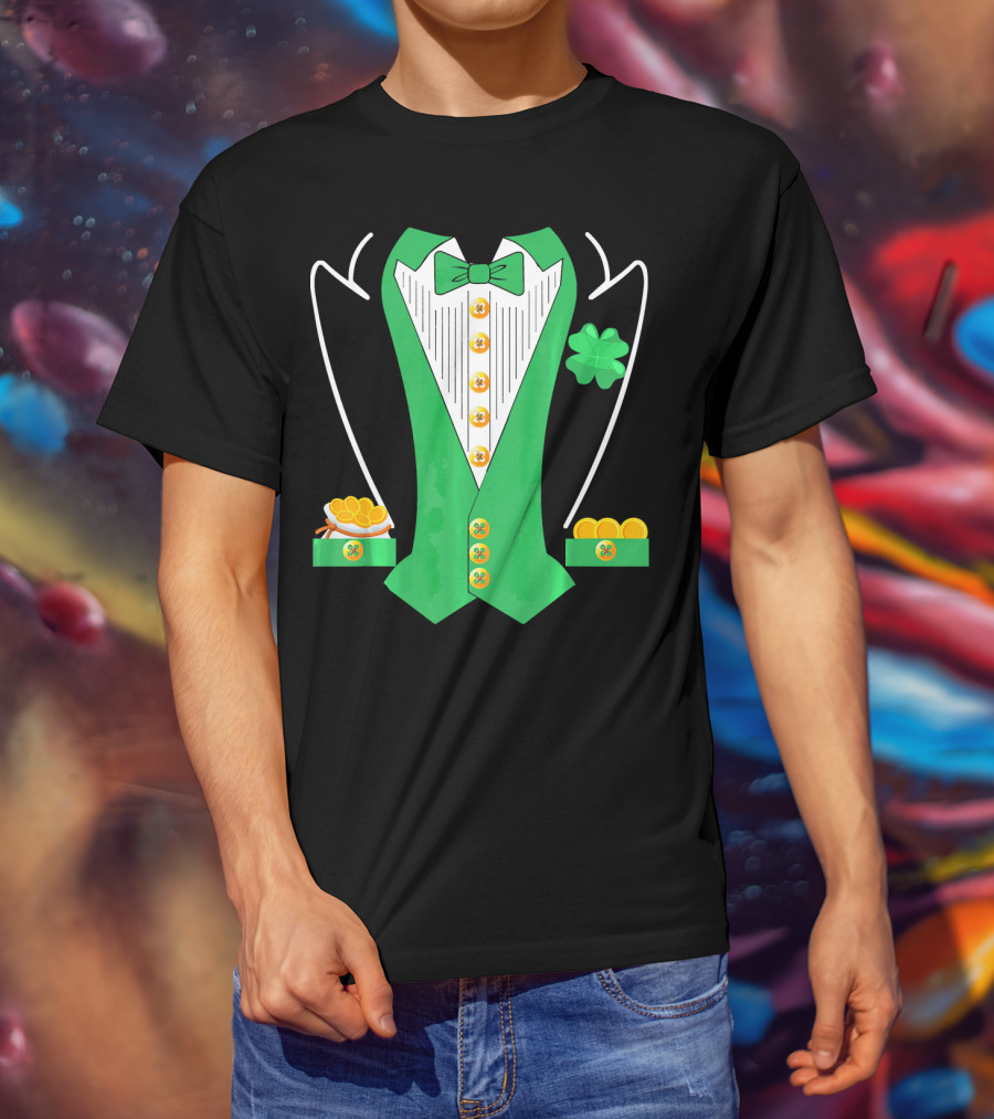 Leprechaun Costume Girl Green Suit Bow Tie Clover Gold Coins T-Shirt