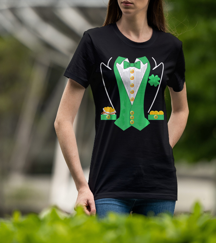 Leprechaun Costume Girl Green Suit Bow Tie Clover Gold Coins T-Shirt