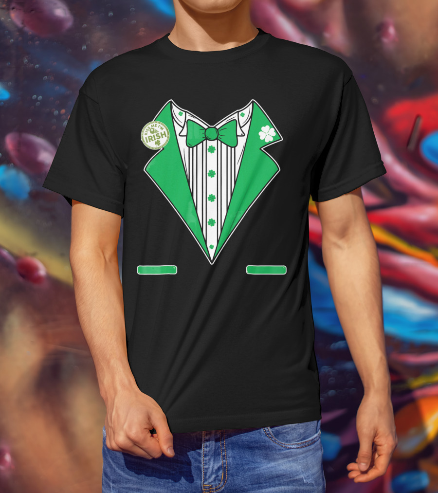 St. Patricks Day Tux Green Kiss Me I'm Irish Bow Tie Four-Leaf Clover T-Shirt