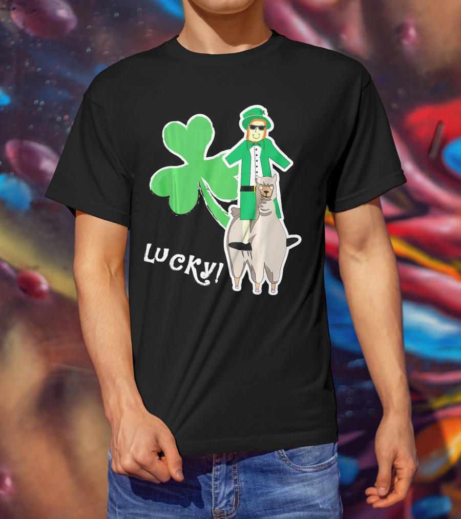 Lucky Leprechaun Riding Llama With Shamrock Irish T-Shirt