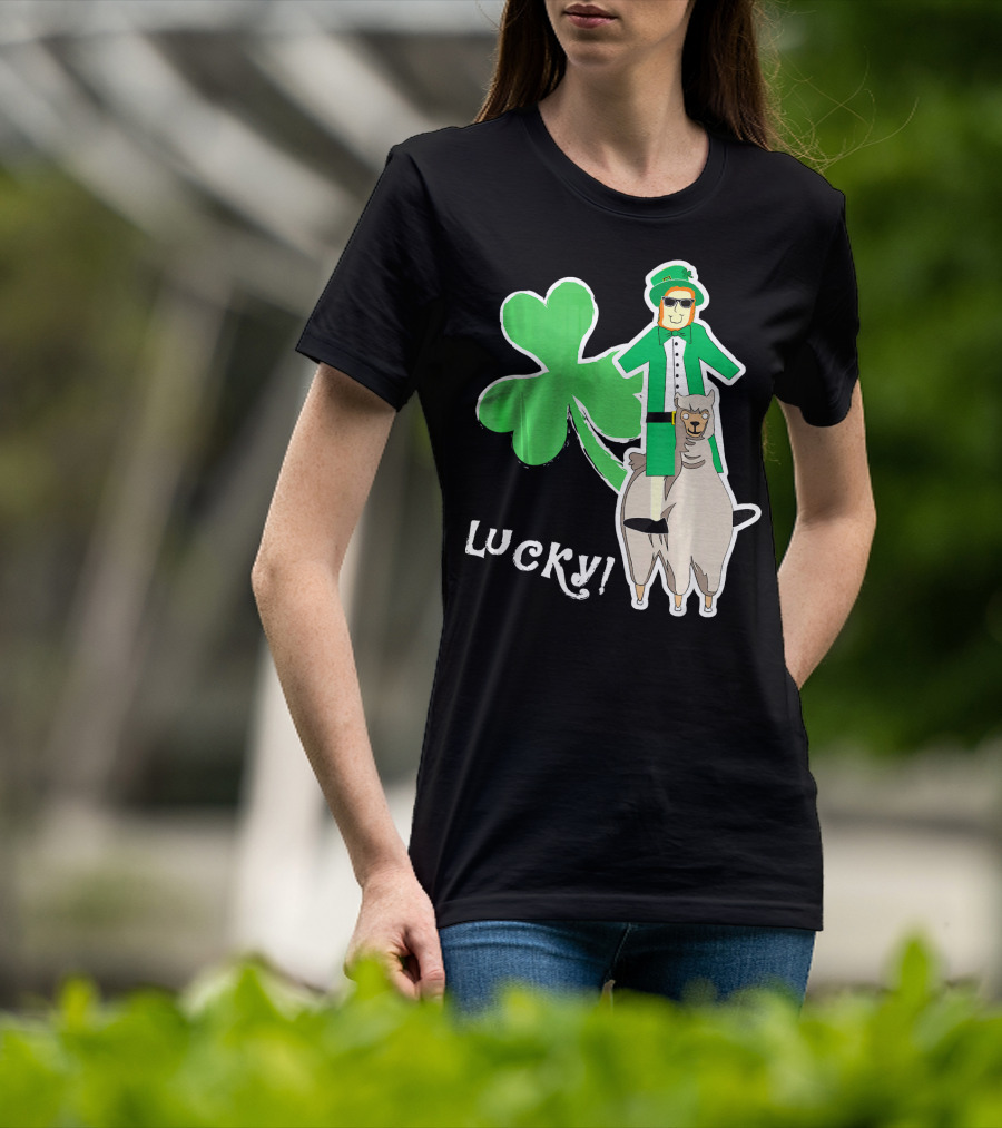 Lucky Leprechaun Riding Llama With Shamrock Irish T-Shirt