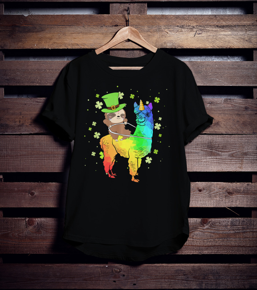 Leprechaun Sloth Riding Rainbow Llama Unicorn St Patrick's Clover T-Shirt
