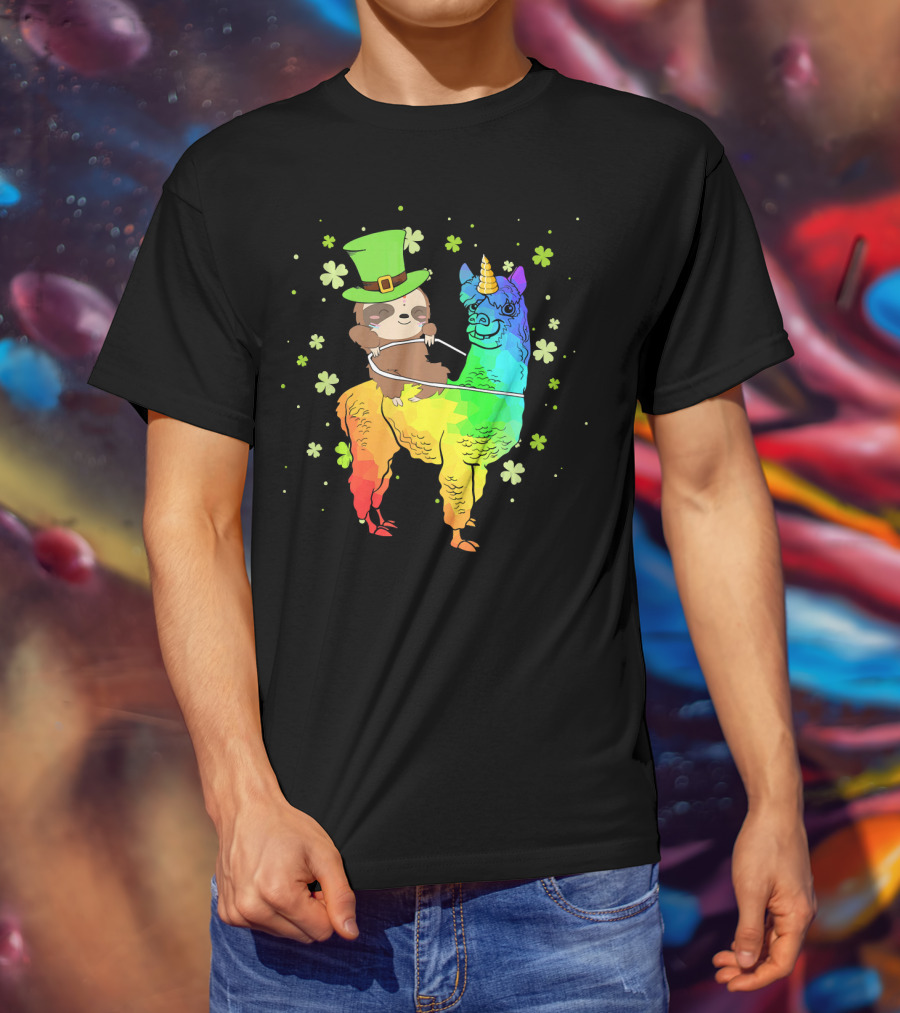Leprechaun Sloth Riding Rainbow Llama Unicorn St Patrick's Clover T-Shirt