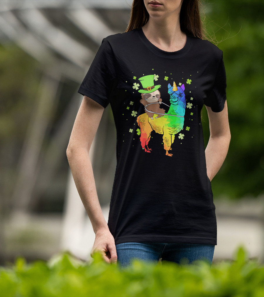 Leprechaun Sloth Riding Rainbow Llama Unicorn St Patrick's Clover T-Shirt
