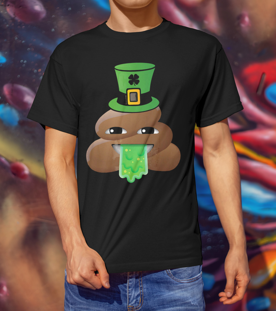 St Patricks Day Funny Leprechaun Poop Emoji Hat And Green Slime Tongue T-Shirt