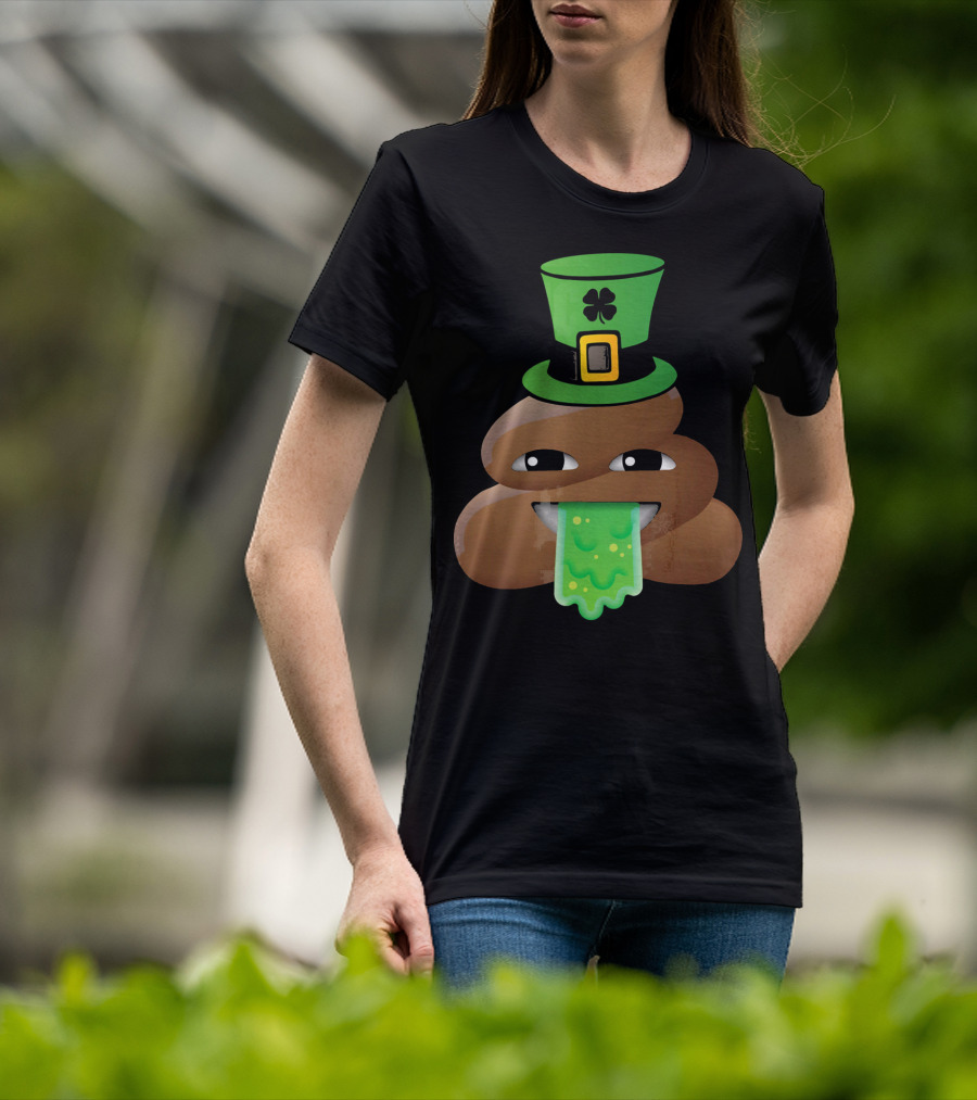 St Patricks Day Funny Leprechaun Poop Emoji Hat And Green Slime Tongue T-Shirt