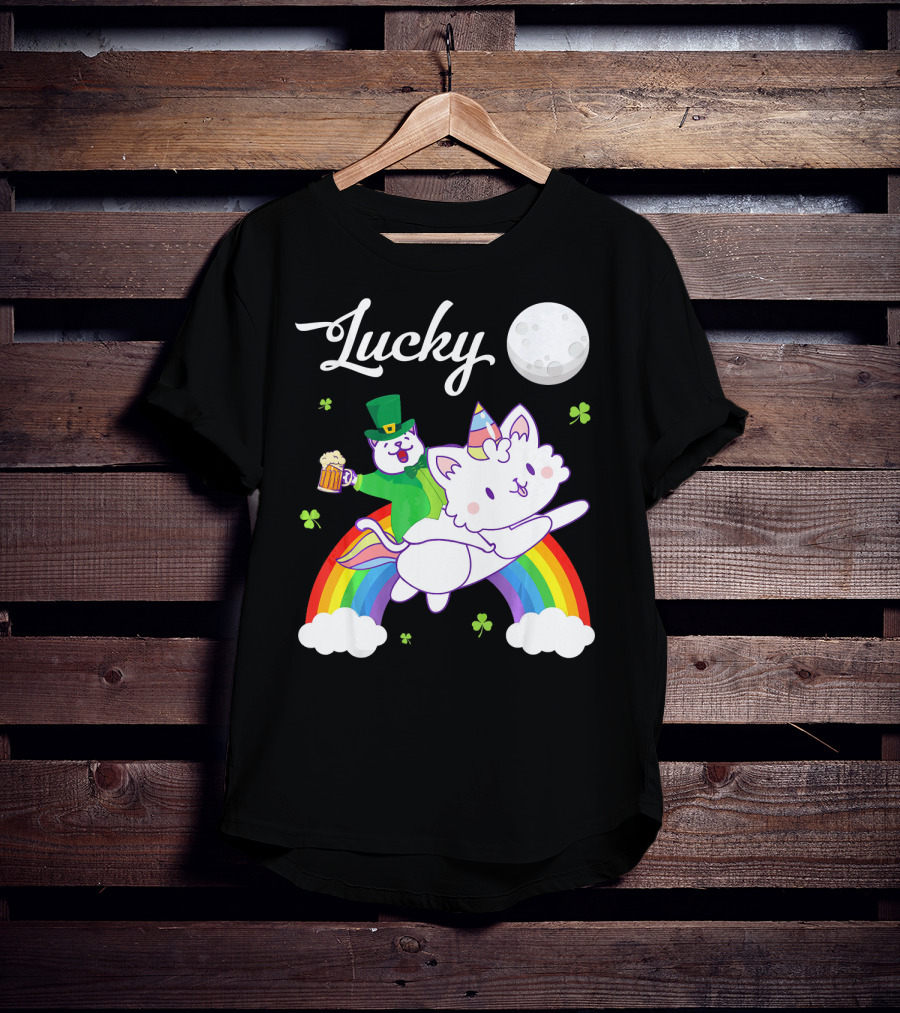 Lucky Leprechaun Cat Riding Unicorn Cat Over Rainbow With Beer And Moon T-Shirt
