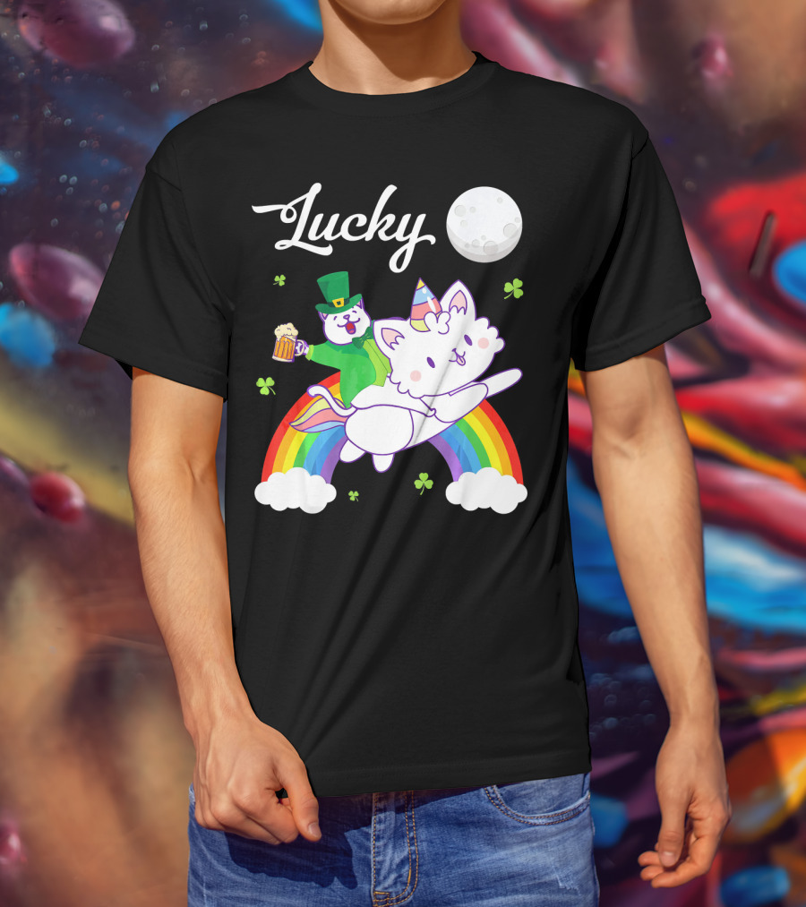 Lucky Leprechaun Cat Riding Unicorn Cat Over Rainbow With Beer And Moon T-Shirt